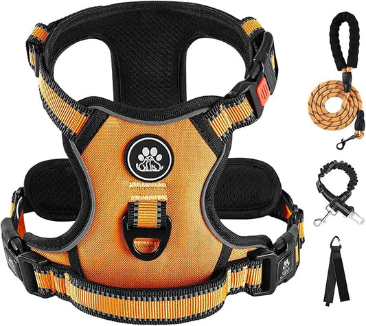 IVY&LANE No Pull Dog Harness for Medium Dogs, Dog Vest Harness with Leash, Safety Belt and Storage Strap, Fully Adjustable Harness, 360° Reflective Strip, Soft Handle (Orange, M)