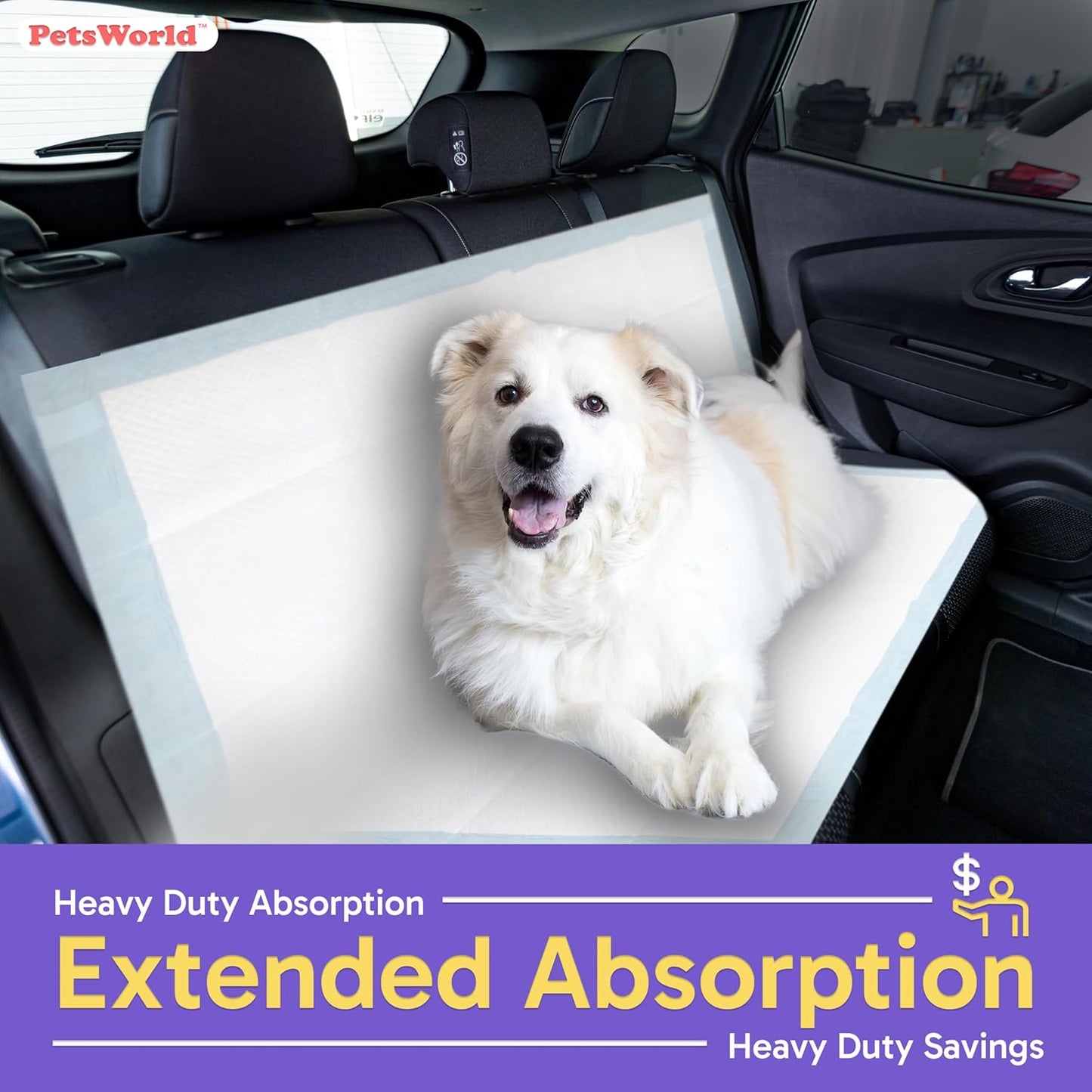 PETSWORLD Mega-Sized Dog Pee Pads (40" x 99") –4XL Gigantic Pet Piddle Pads for Puppy Training, Incontinence–Doggie Absorbent Mat with Adhesive Sticky Tape –Leak Proof, 5-Layer Protection (60 Count)