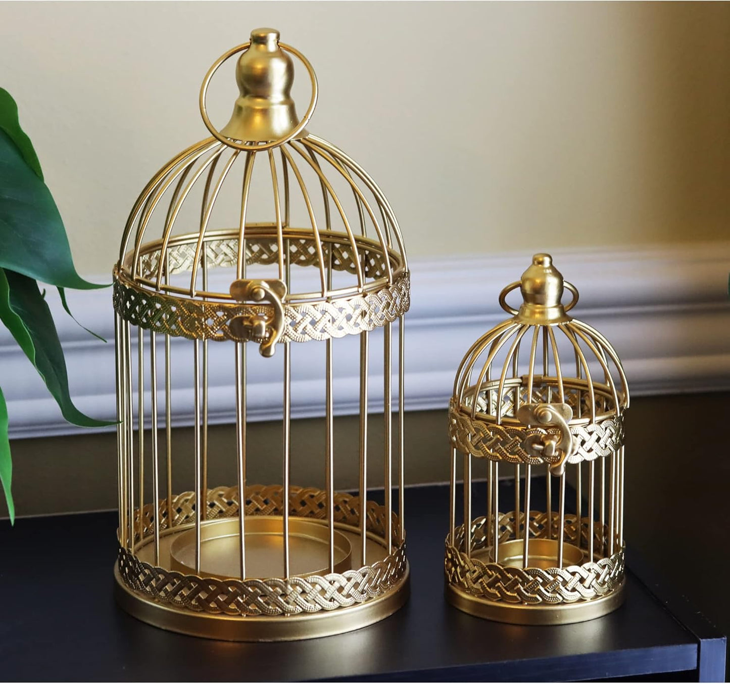 VELA LANTERNS Birdcage Decor Candle Holder Lantern Decorative Wedding Table Centerpiece Decorations, 10" and 6" Tall, Gold, Set of 2