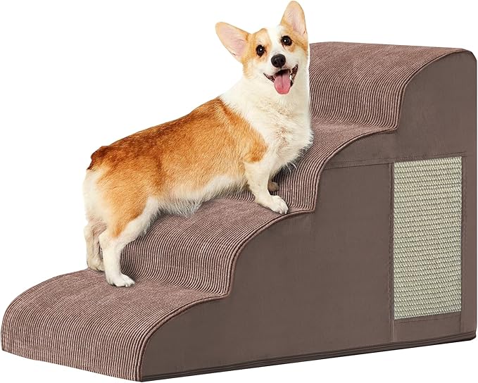 Dogs Steps for Bed, Dog Stairs for Small Dogs, 4-Step Dog Ramp for Bed, Couch, Sofa, and Chairs, Non-Slip Bottom Design, Cat Scratching, High Density Foam Portable Pet Step, Indoor, Coffee