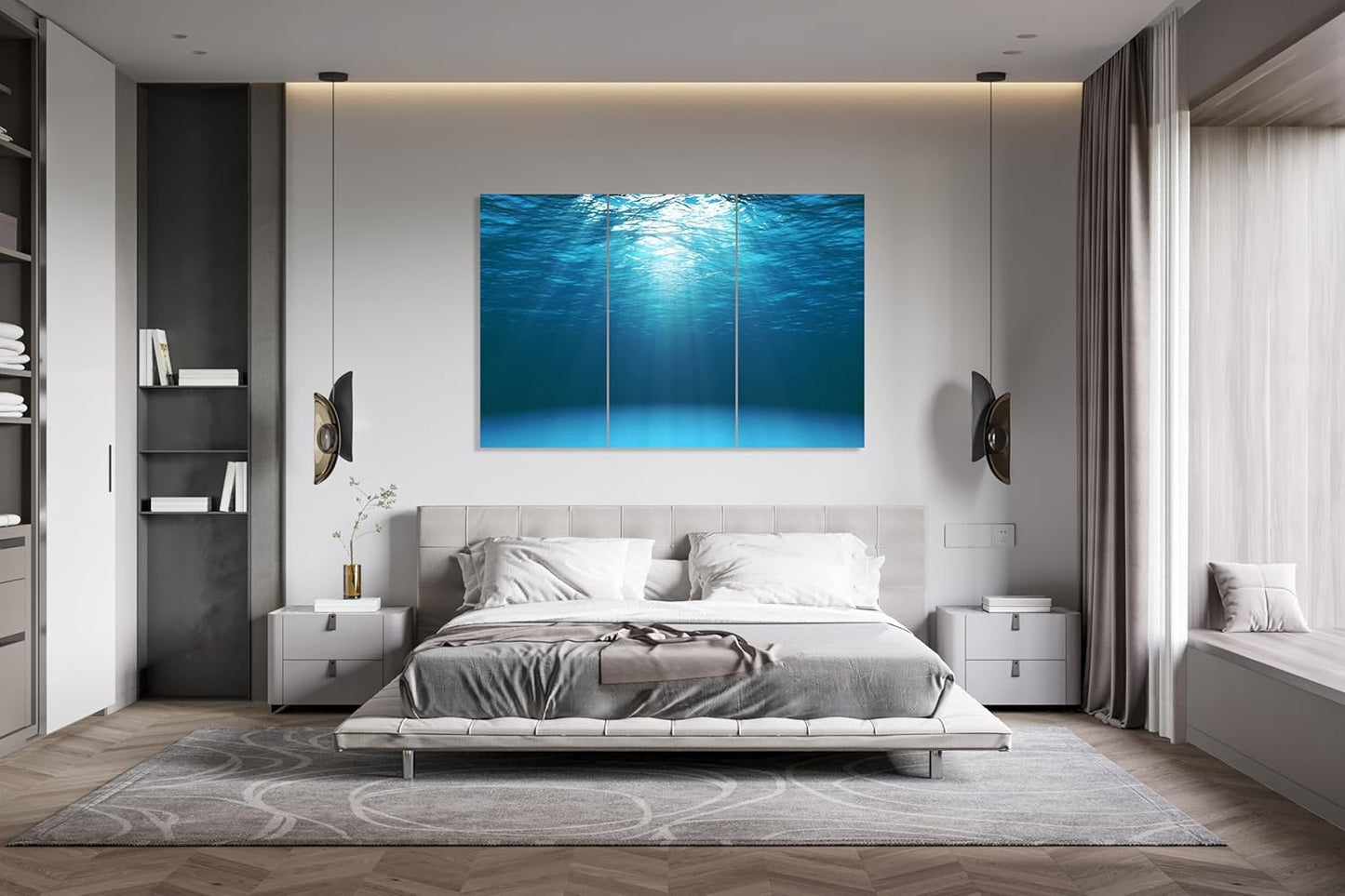 Nature Wall Art Prints - Ocean Forest Mountain Lake Canvas Landscapes - Small to Extra Large Living Room Bedroom Kitchen Bathroom Décor (Sun Rays Under Water, 39L" x 59W" - 3 Panels)