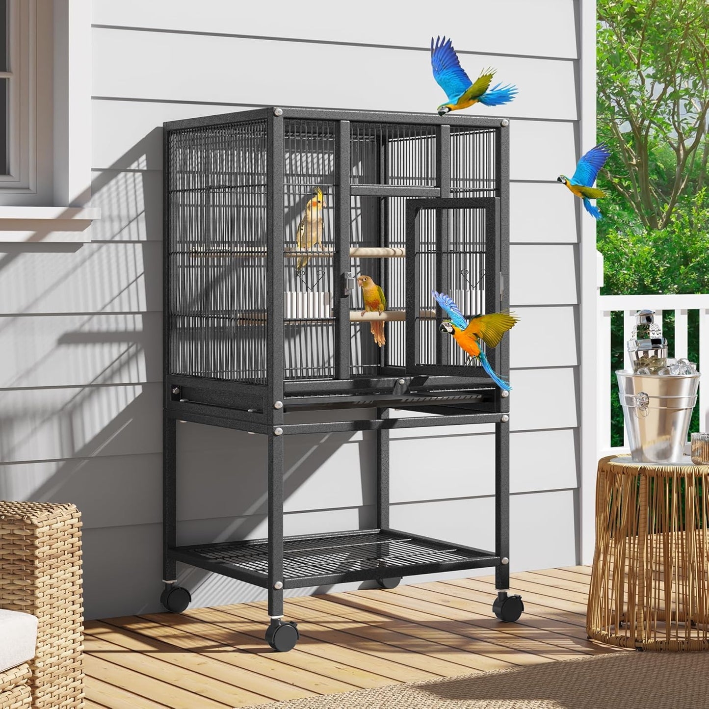 YITAHOME 41 inches Metal Bird Cage for Parakeets: Large Parrot Cages with Tray, Food Boxes, and Wooden Perches with Rolling Stand & Brakes for Lovebirds Cockatiels Pigeon Finches, Black
