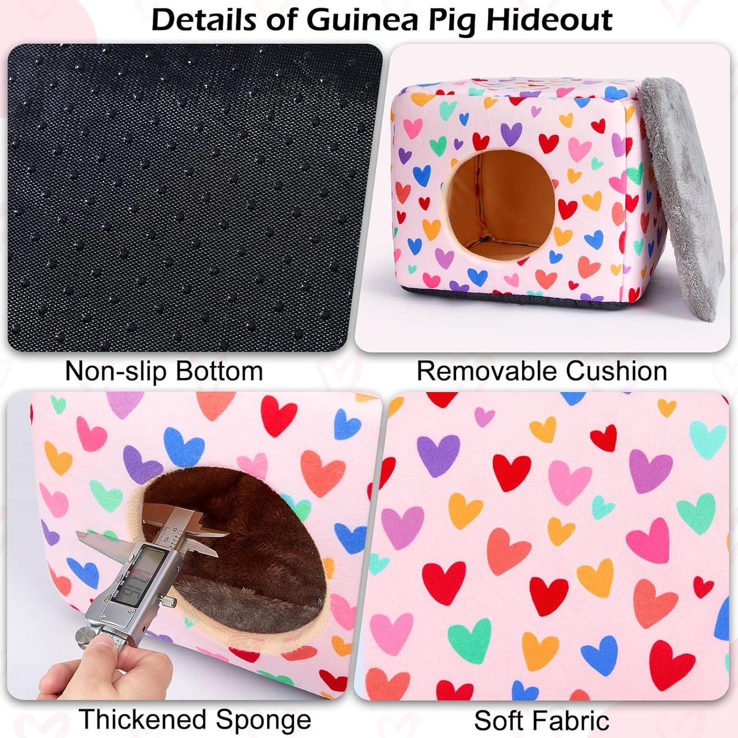 Bienbee Guinea Pig Hideout, Washable Guinea Pigs House Cozy Guinea Pigs Bed for Small Pet Bunny/Rabbit/Hamster/Chinchilla Guinea Pig Accessories Colorful Hearts