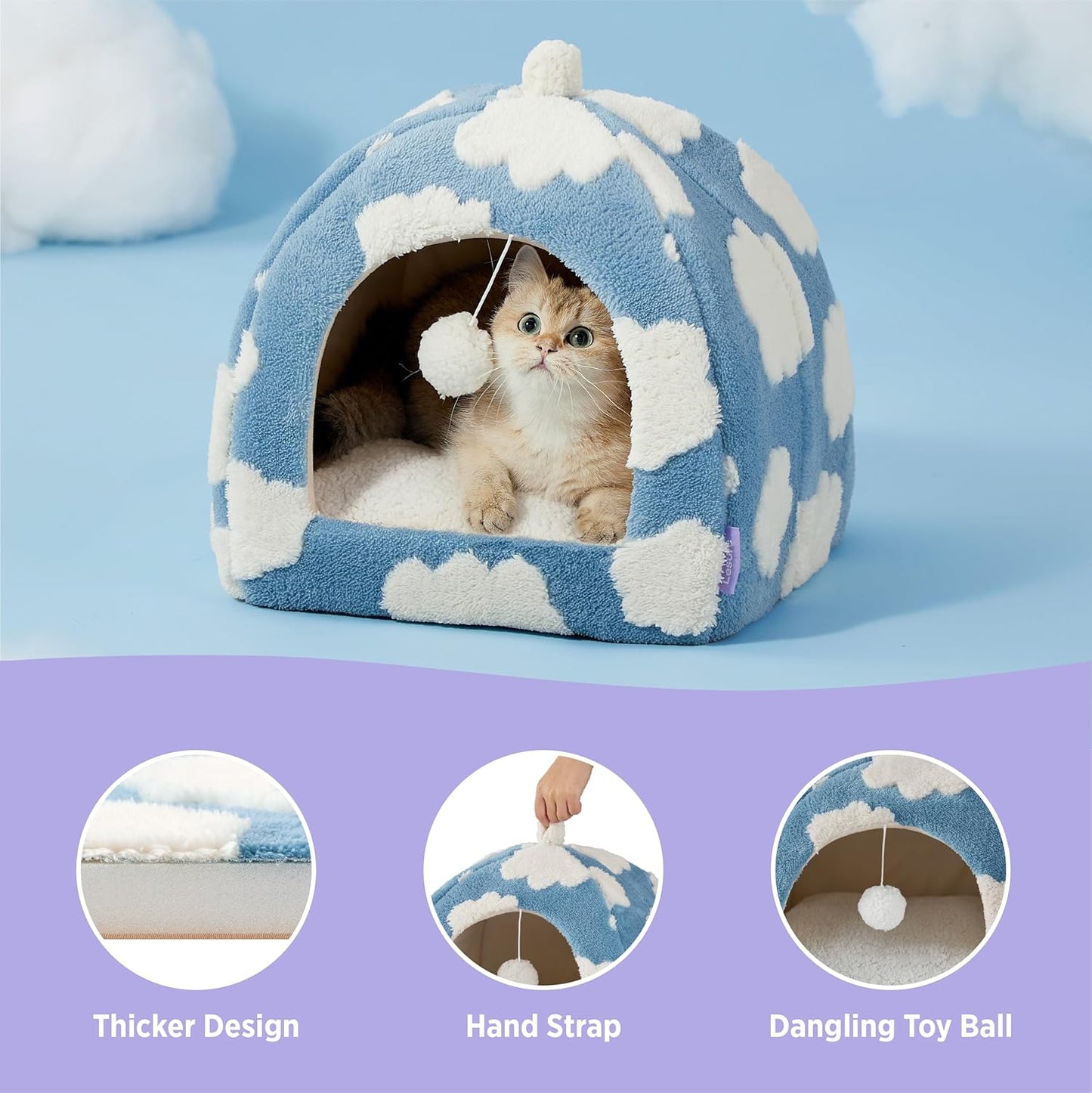 Lesure Cute Cat Beds for Indoor Cats - 2 in 1 Large Cat Cave Bed for Puppy and Small Dog with Removable Washable Cushioned Pillow, Cozy Kitten Tent with Non-Slip Bottom, Blue, 17.3 inches