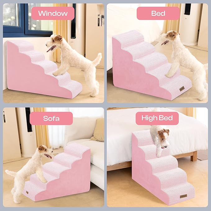 Curved Dog Stairs for High Bed Up to 26", 5-Step Dog Ramp for Small Dogs with Washable Cover, Non-Slip Steps for Cats to Get on Couch and Sofa, Durable Foam Ladder for Medium Breeds, White Pink