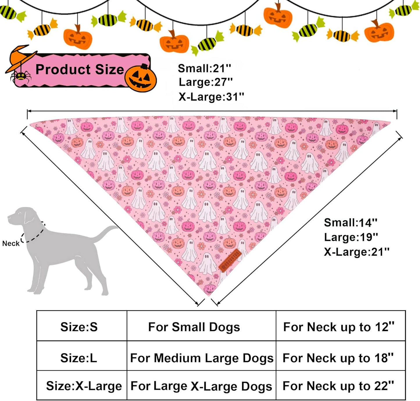 ADOGGYGO Halloween Dog Bandana, Pink Pumpkin Ghost Scarf, Adjustable Fit Female Halloween Bandanas for Medium Large Dogs Pets (Large)