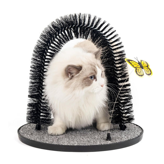 Pet Prime 2in1 Cat Arch Self Groomer for Indoor Cats, Back Scratcher Grooming Massage Brush With Sturdy Scratching Pad, Durable Brusher and Butterfly Toy