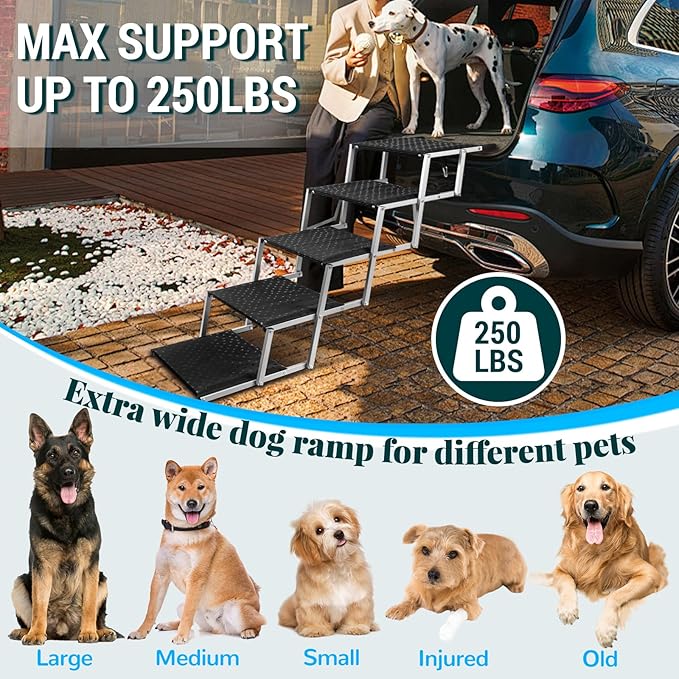 Extra Wide Dog Stairs for Large Dogs,Portable Folding Pet Stairs for Cars,SUV,Trucks,Dog Steps with Non-Slip Surface,Supports Up to 250 lb,5 Steps
