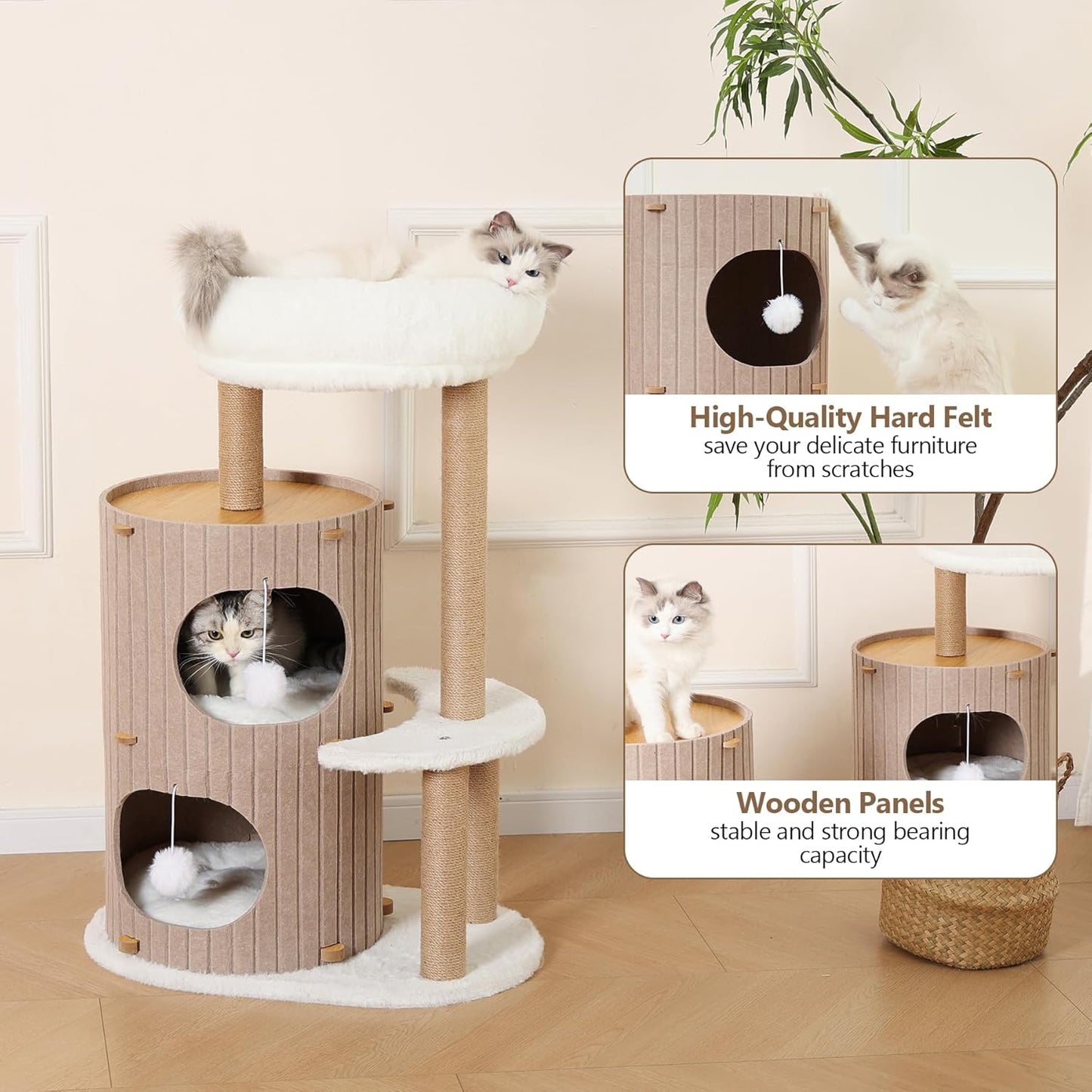 Cat Tree Tower with 2-Storey Large Felt Cat Bed Cave, Cozy Cats Tunnel Condo with Washable Cushions, 36.6"