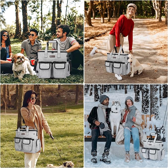 Airline Approved Dog Travel Bag with 2 Dog Treat Training Pouches, Tote Organizer for Weekend Pet Travel Supplies & Accessories, 2 Collapsible Bowls, 2 Food Container (Grey)