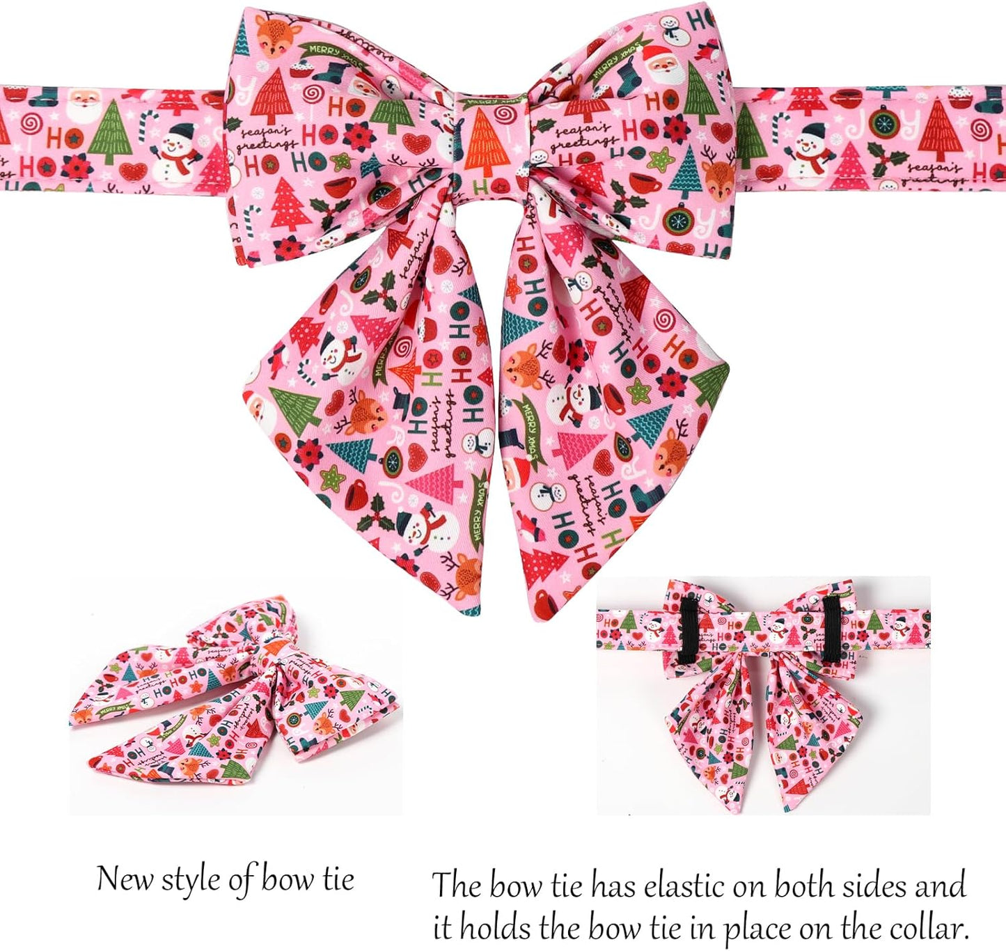 Lionet Paws Christmas Dog Collar with Sailor Bow, Cute Ho Christmas Tree Snowman Pink Dog Collar Bow Tie for Dogs, Small, Neck 10-16 inches