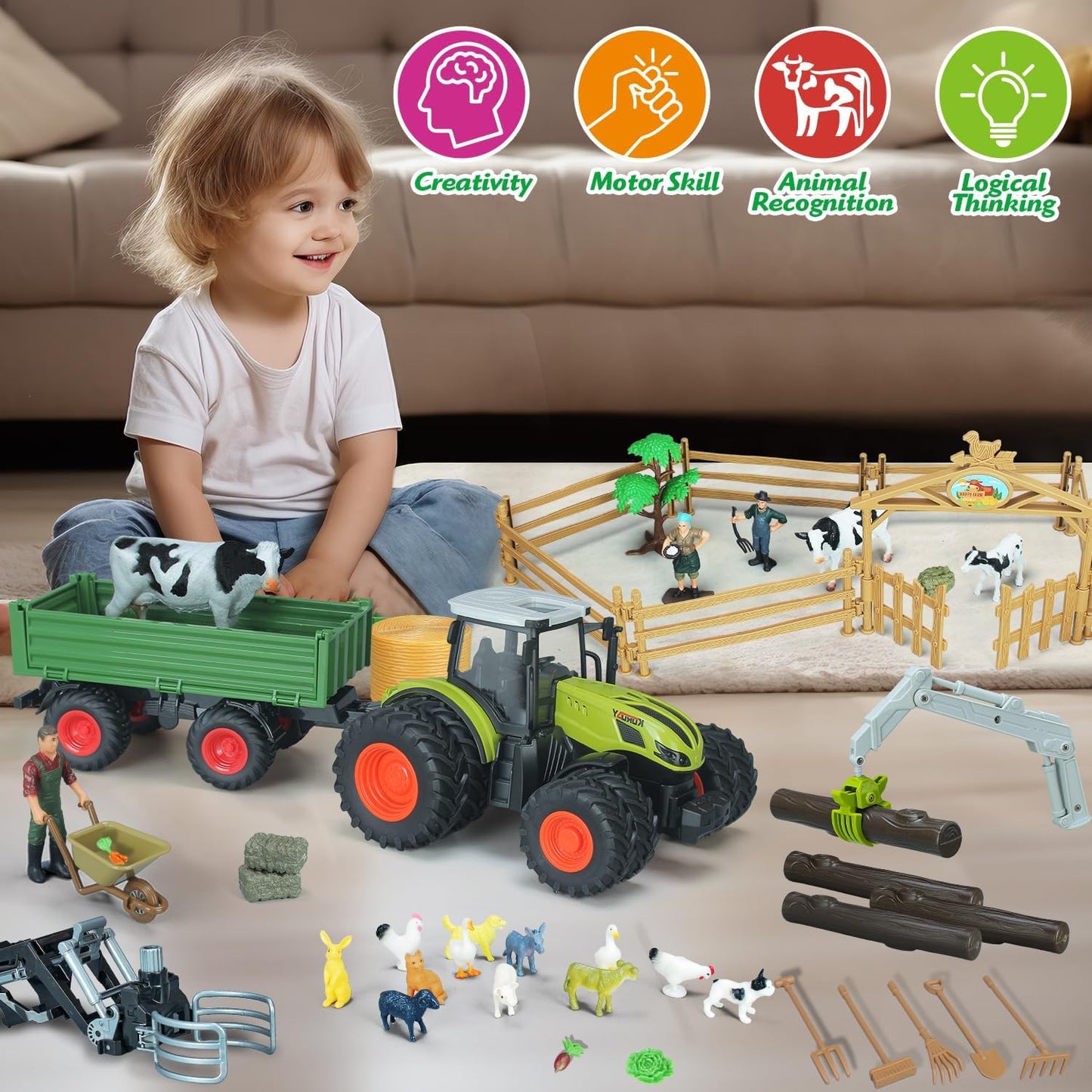 46Pcs Farm Toys, Tractor Toy w/Lights & Sound, Farm Animals Toys for 3 4 5 6 7 8+ Year Old Toddler Girls Boys Kid, Figures Farmer Vehicle Truck Fence Farm Playset Educational Learning Toys
