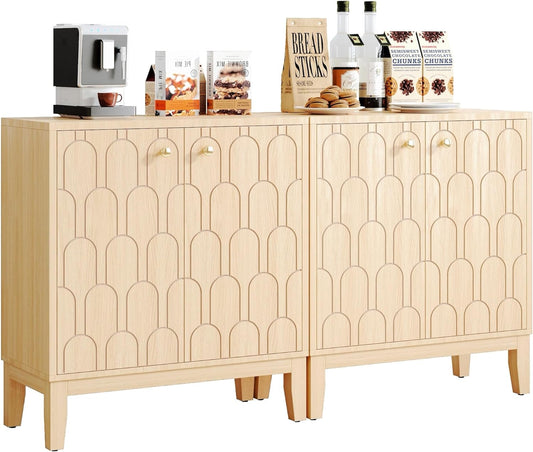 Farmhouse Storage Cabinet, Modern Buffet Sideboard with Doors, Fish Scale Pattern, Boho Cabinet for Dining Room, Natural, 2 Pieces