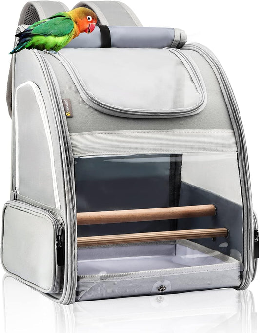 Texsens Bird Carrier Backpack - Pet Travel Cage with Upgraded Tray and Standing Perches, Breathable & Portable, for Small Birds, Green Cheek, Cockatiel, Parrot (Grey)
