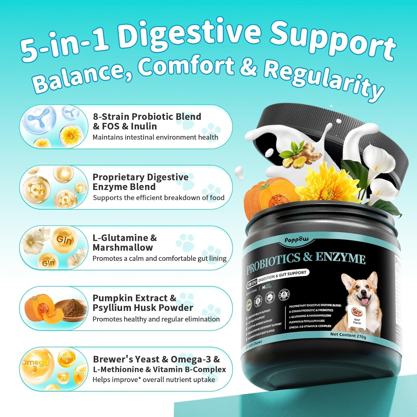 Probiotics for Dogs, Digestive Enzymes for Gut Health Support, Dog Fiber Supplement with Pumpkin for Diarrhea & Bowel Support, Upset Stomach & Gas Relief, Constipation - 90 Count Beef Flavor