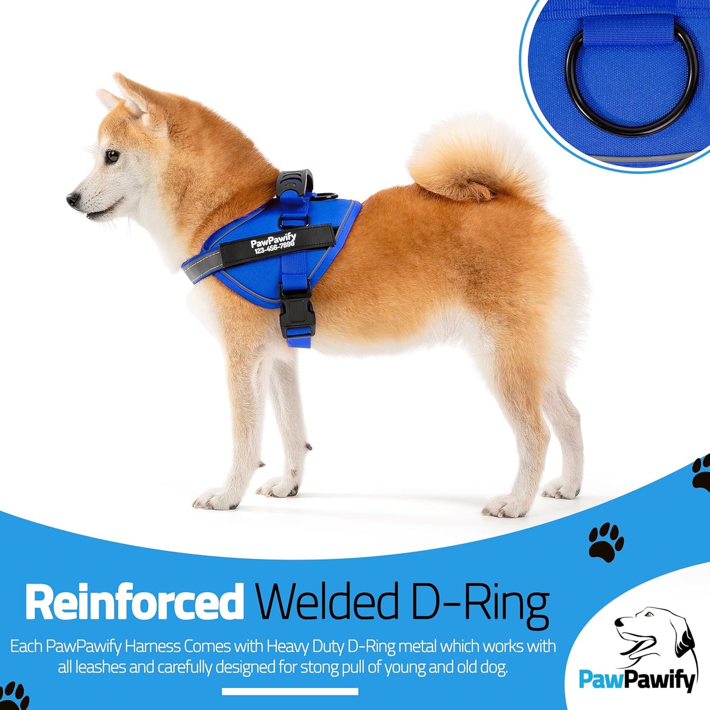 PawPawify Custom No Pull Dog Harness with Name and Phone Number, Heavy Duty Personalized Pet Vest to Prevent Tugging, Pulling, or Choking, Training and Walking (New Blue, XS (5-9LBS))