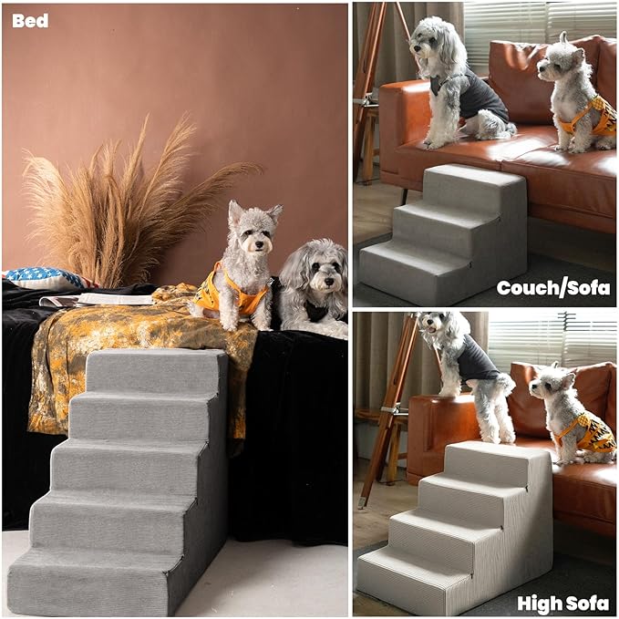 MEWANG Dog Stairs for Small & Medium Dogs and Old Cats –3/4/ 5 Steps High-Density Foam Pet Ramp for Bed & Couch, Non-Slip, Washable Cover, Grey (Square Corner, 5 Steps: 29.92''×22.83''×15.75'', 2)