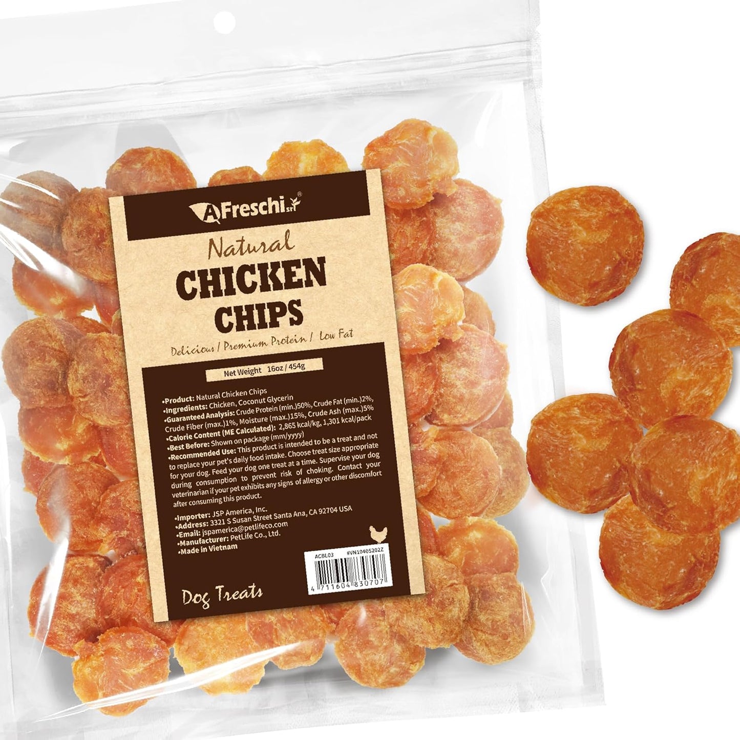 AFreschi Natural Chicken Chips 16 oz, Dog Treats, All Natural, Grain-Free, High-Protein, Low Fat, Healthy & Easily Digestible
