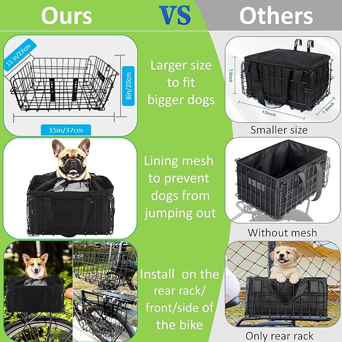 Large Dog Bike Basket with Removable Liner Bag, Portable Rear Bike Basket Carrier for Travel, Waterproof Bike Storage Suit for Front/Rear/Side of Bicycle, Ebike Accessoriest for Pets, Fruit & Grocery