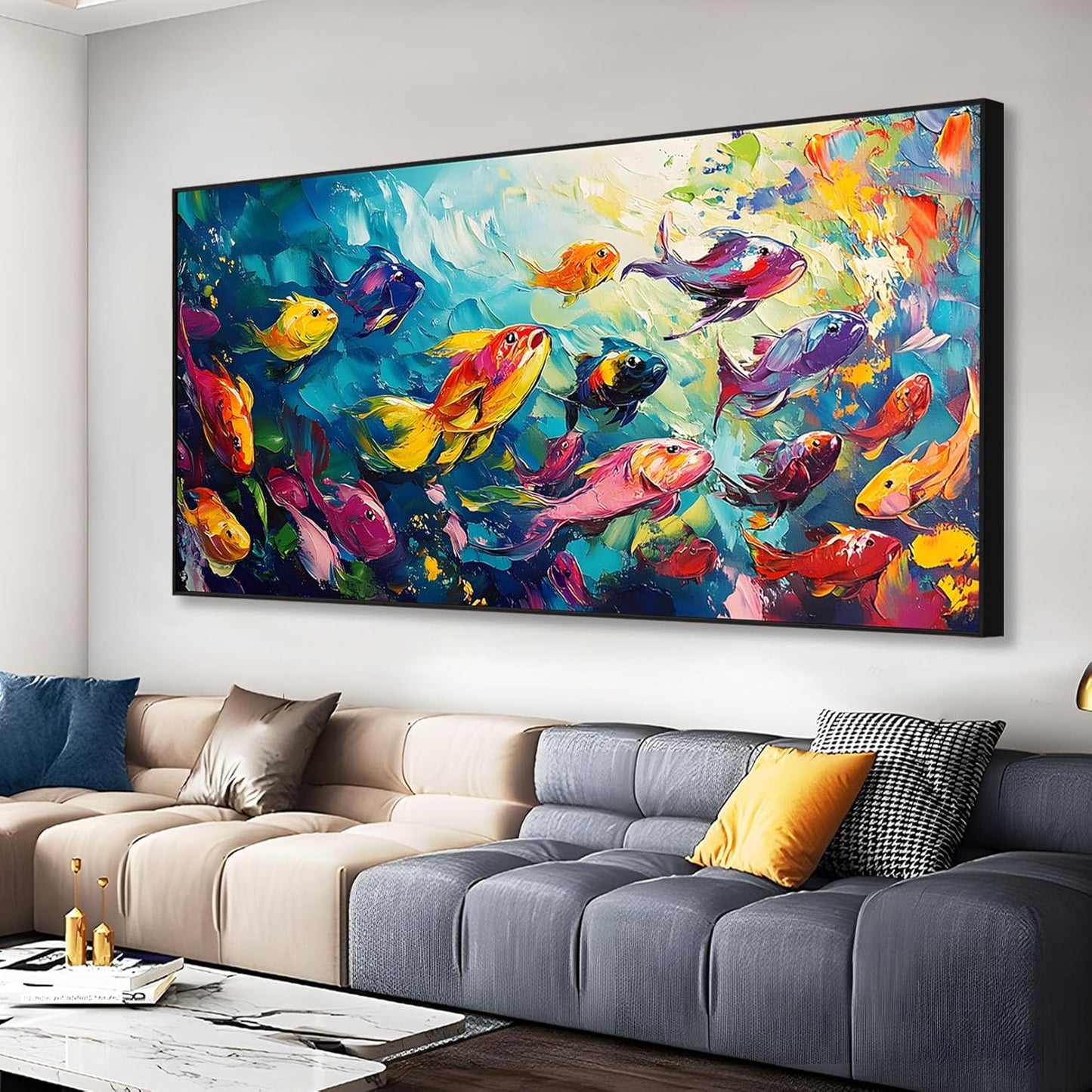 School of Fish Printed Canvas Wall Art – Framed Abstract Ocean Print – Vibrant Fish Wall Decor for Living Room, Bedroom, Office (Gold Framed, 55"x27"|140x70cm)