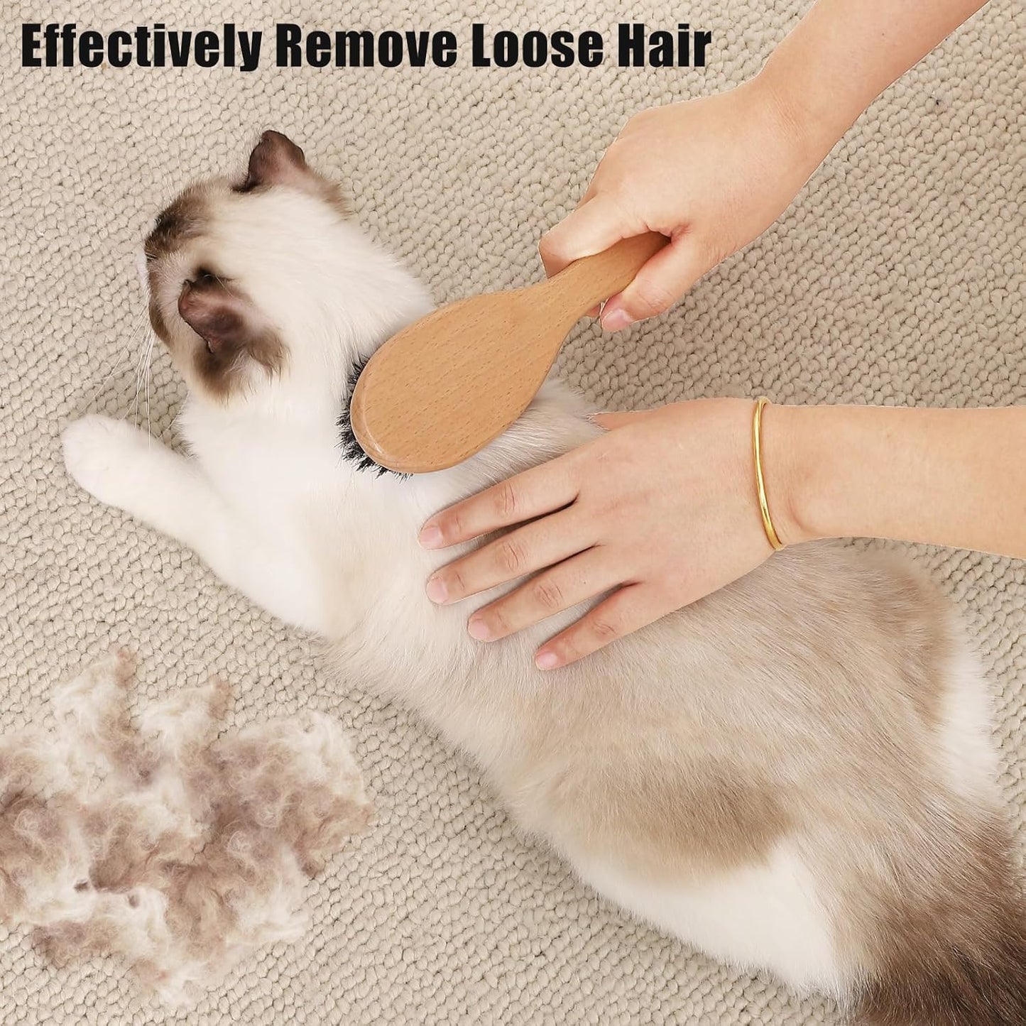 Boar Bristle Cat Brush with Wooden Handle, Soft and Gentle, Reduce Shedding, Make Coat Soft, Smooth and Shinny, Daily Grooming Tool for Short Haired Cats, Kitten