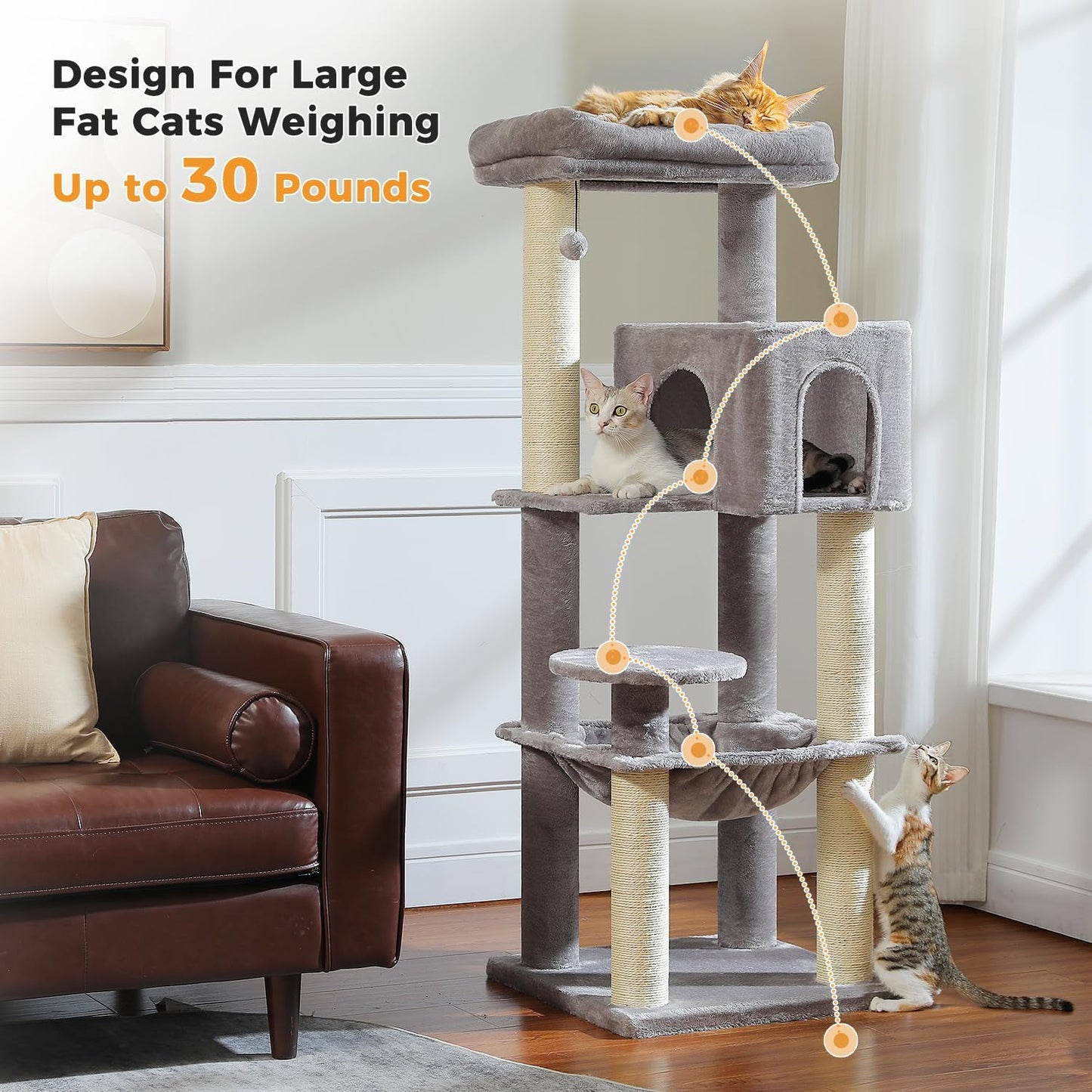 Large Cat Tree with Reinforced Scratching Posts (φ3.1in) for Big Adult Cats 30 lbs, 57.8" Heavy Duty Cat Tower with Larger Hammock and Condo, Cat Furniture for Maine Coon, Plush,Grey