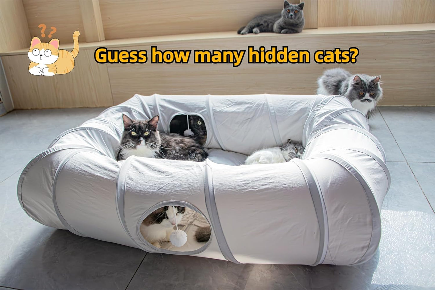 XxingSheep 4 Ways Shuttled XL Cat Tunnel Bed for Indoor Cats Peekaboo Cat Cave Donut with Cool Mat