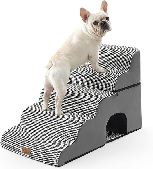 Wide Dog Stairs with Tunnel, Foam Detachable Large Dog Step for Small Pet, Puppy or Cats, Medium Pet Ramp for High Bed, Couch, Sofa or Car, 19.7x33x22.4 inch, 5 Step, White Black