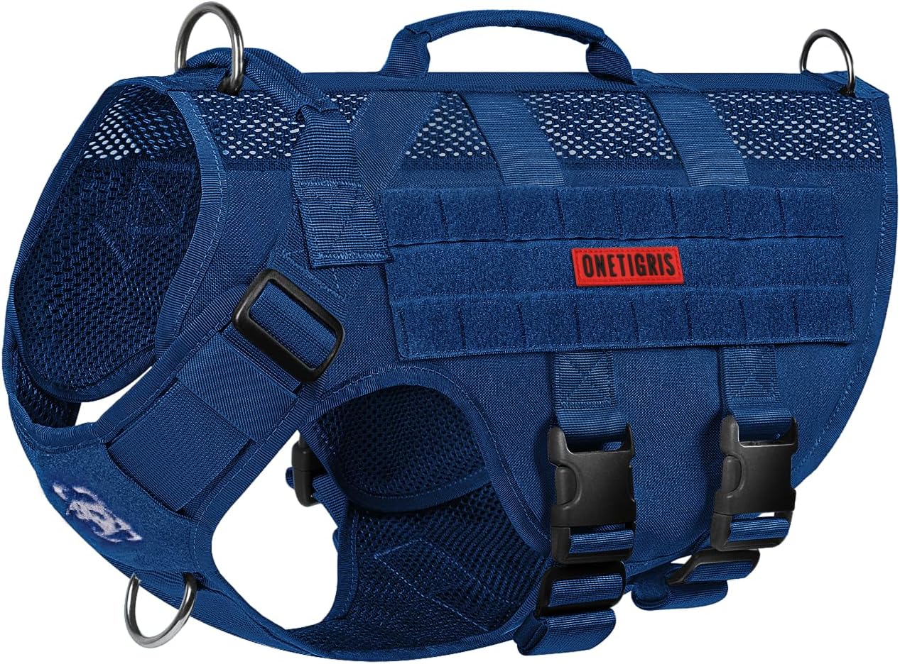 OneTigris Tactical Dog Harness for Small Medium Large Dogs, Mesh Design Service Dog Vest Breathable Military Dogs Molle Vests with Handles, Harness for Walking Hiking Training (Blue, L)
