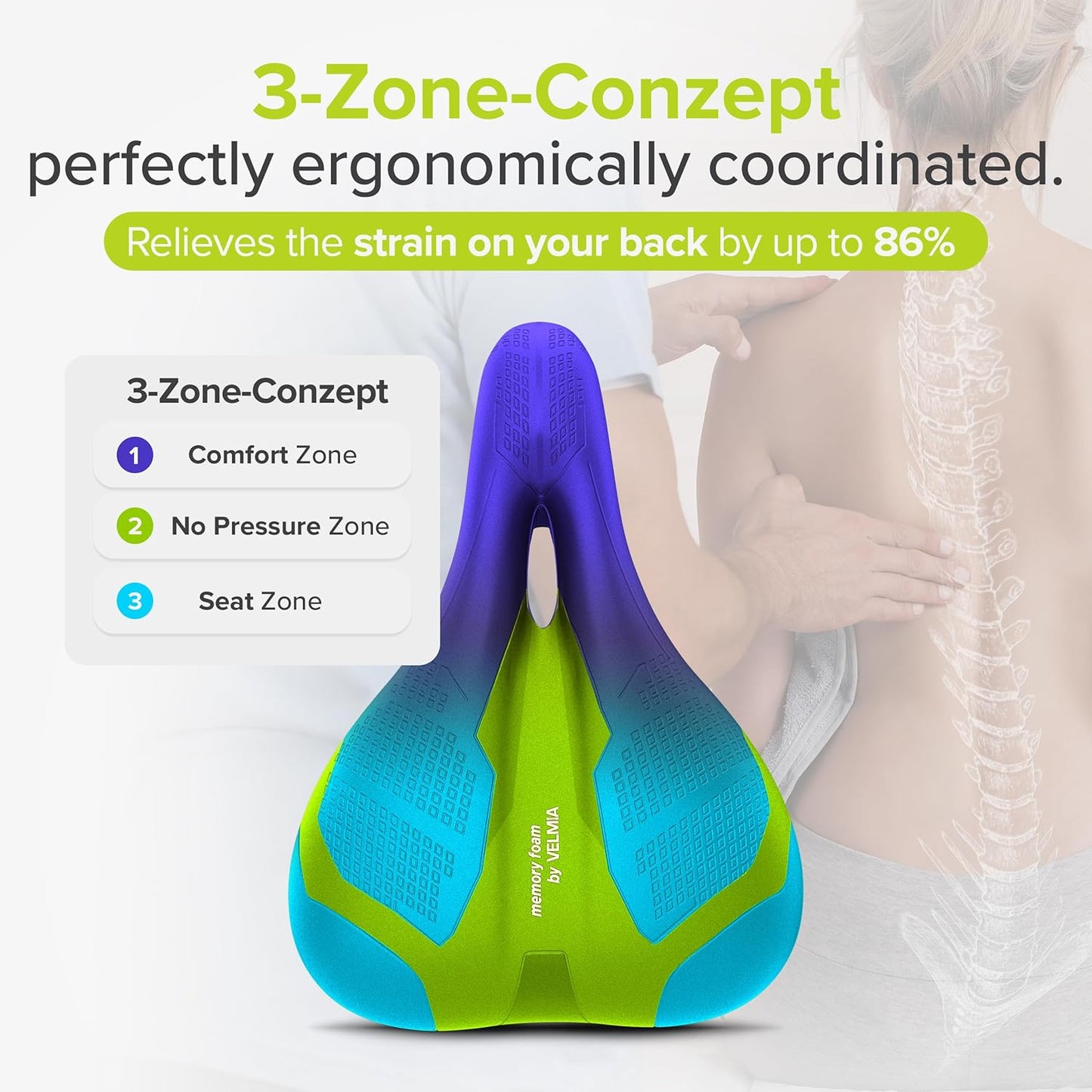 Velmia Bicycle Saddle - Comfortable Saddle for Men and Women - 3 Zone Concept - Waterproof Bicycle Seat with Ergonomic Design