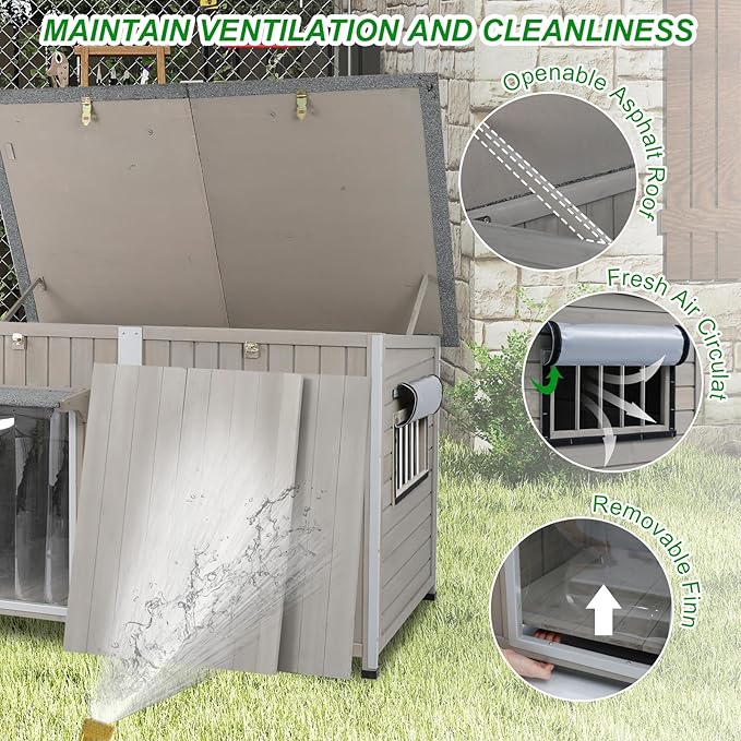 Dog House Outdoor Weatherproof & Wooden Dog Kennel with Chew-Proof Iron Frame，Removable Floor, Adjustable Vent Window, Easy Assembly for Large and Extra-Large Dogs 55.1" D x 33.1" W x 34.8" H