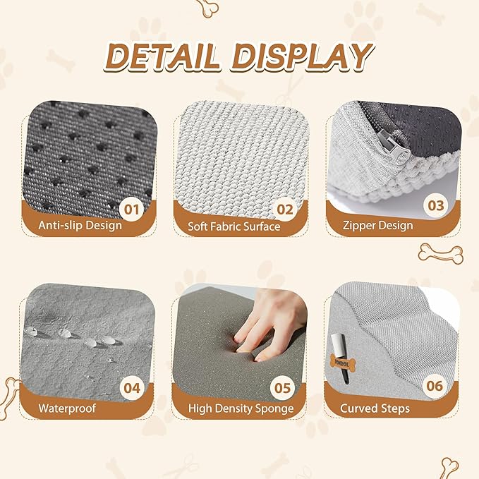 Romrol Dog Stairs Ramp for Beds Couches, Extra Wide Pet Steps with Durable Non-Slip Waterproof Fabric Cover, Dog Slope Stairs for Small Dogs and Cats or Pets Friendly, 3-Tiers, 13 Inch,Light Grey