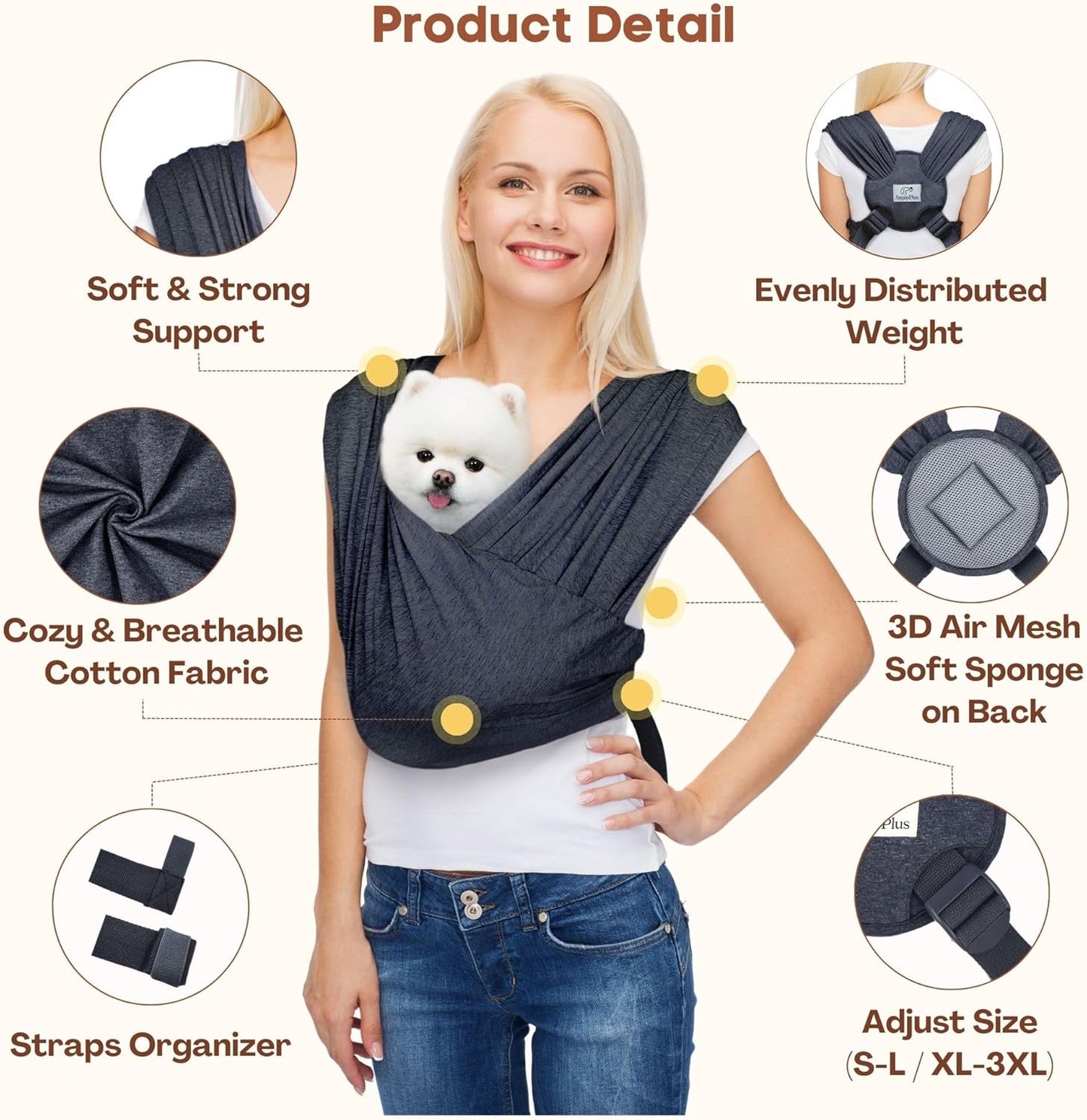 Dog Carriers for Small Dogs, Front Facing Cat Carrier, Hands Free Dog Carrier, Size Adjustable Pet Carrier, Reducing Back Pain, Soft Cotton, Safe Small Dog Carrier (Plus, Charcoal Black)