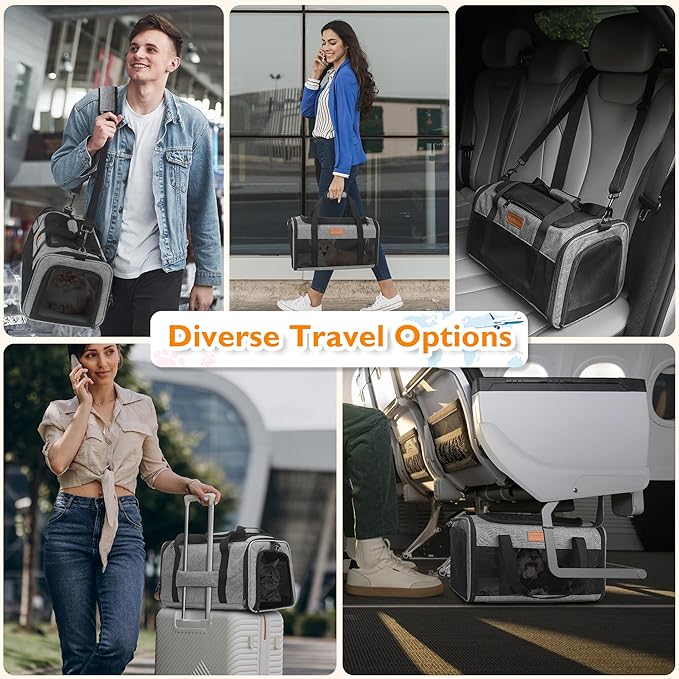 PETUX TSA Approved Pet Carrier in Cabin, 17"x11"x9.5" Soft Cat Carriers for Small Cat up to 12 lb and Puppy up to 10 lb, Top Open Portable Pet Carrier Airline Approved for Travel and Vet Visit (Grey)