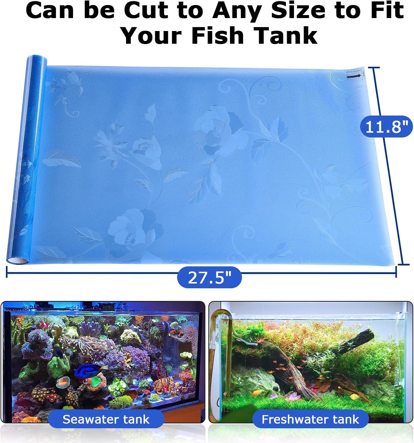 Aquarium Background Paper, Blue Fish Tank Backdrop Wallpaper Electrostatic Adhesive, No Glue, Easy to Install, Reusable (11.8" H × 27.5" L, Translucent)