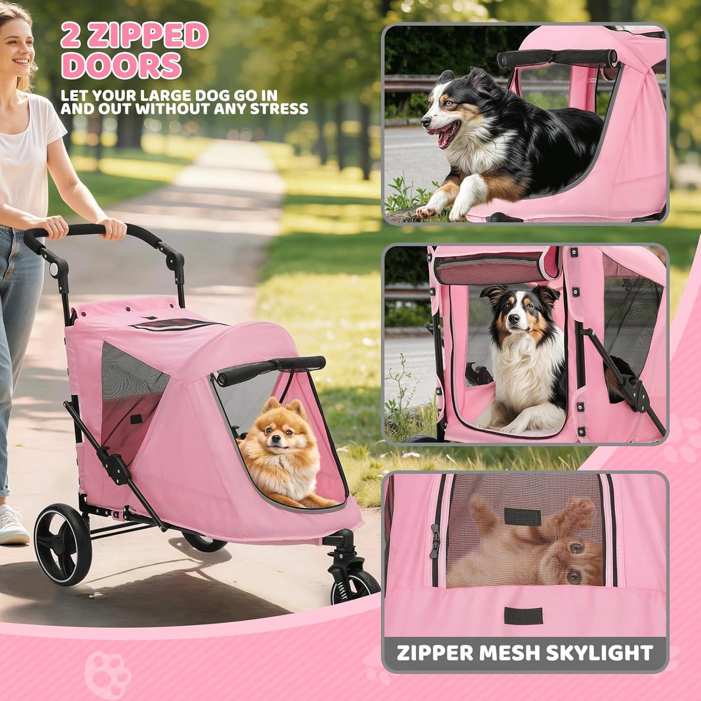 Magshion Pet Stroller for Medium Dogs w/Adjustable Handle, 3-Wheel Dog Cat Wagon w/Dual Entry, Rear Storage, Breathable Mesh, One-Foot Brake, Ideal for Large Pets up to 55 lbs, Pink