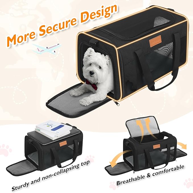 PETUX TSA Approved Pet Carrier in Cabin, 17"x11"x9.5" Soft Cat Carriers for Small Cats up to 12 lb, Top-Open Portable Dog Carrier with Litter Box and Anti-Scratch Mesh for Puppy up to 10 lb (Black)