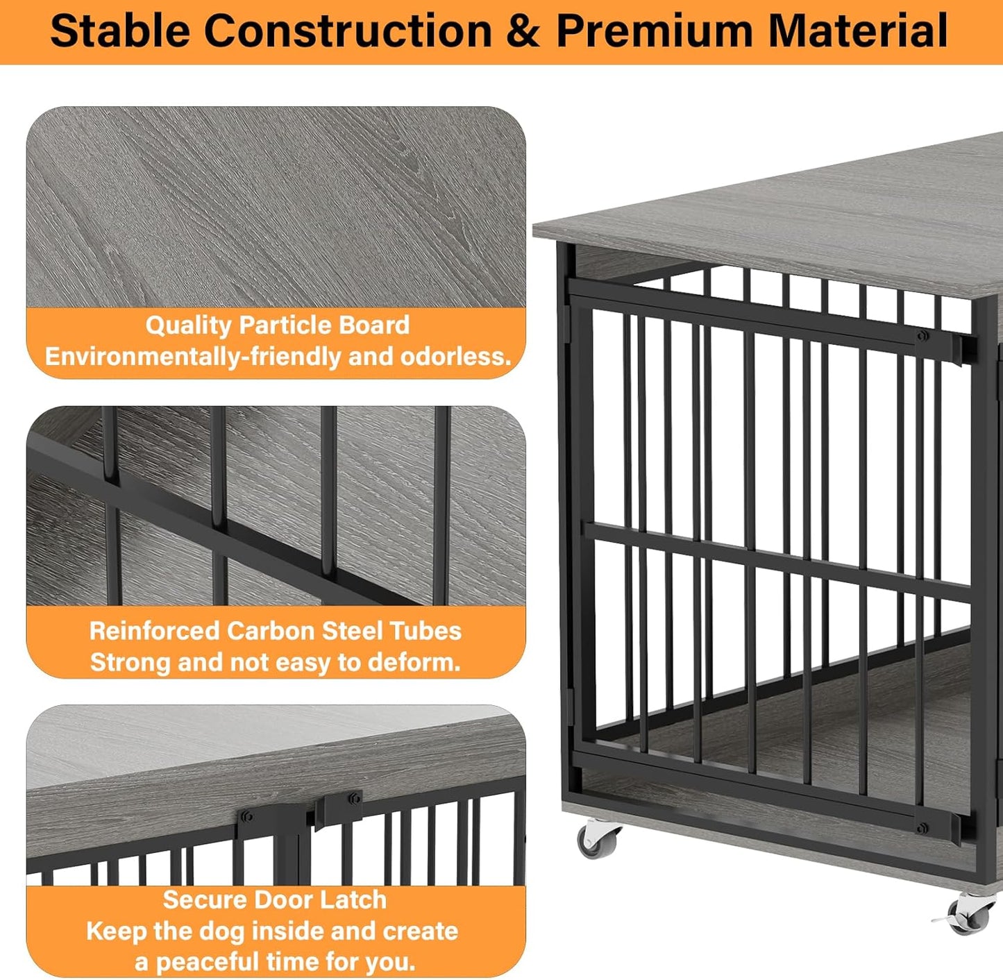 COZPAW Dog Crate Furniture, 48 Inch Dog Crates for Medium/Large Dogs, Farmhouse Wood Dog Kennel Indoor Heavy Duty Dog Cage with Caster Wheels (Gray)