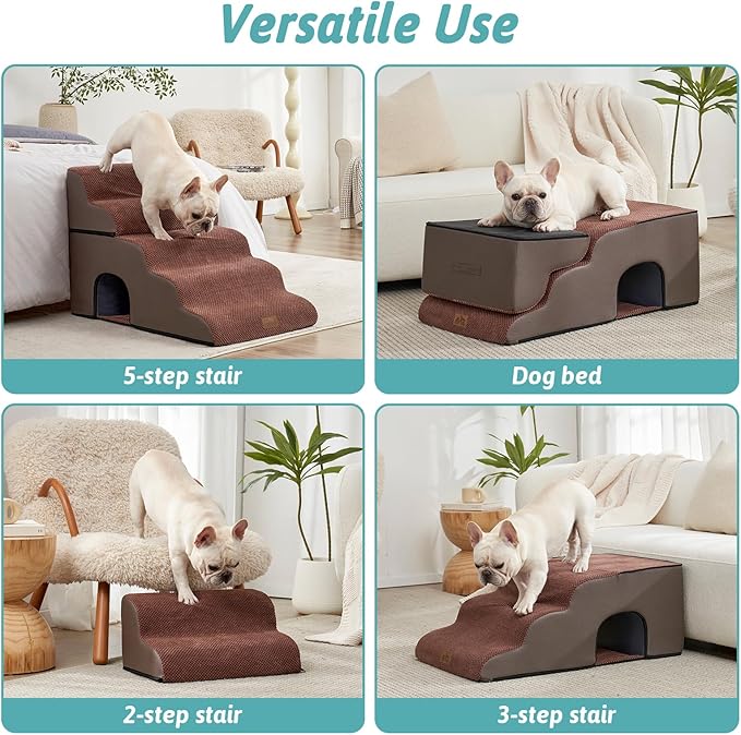 Wide Dog Stairs with Tunnel, Foam Detachable Large Dog Step for Small Pet, Puppy or Cats, Medium Pet Ramp for High Bed, Couch, Sofa or Car, 19.7x33x22.4 inch, 5 Step, Brown
