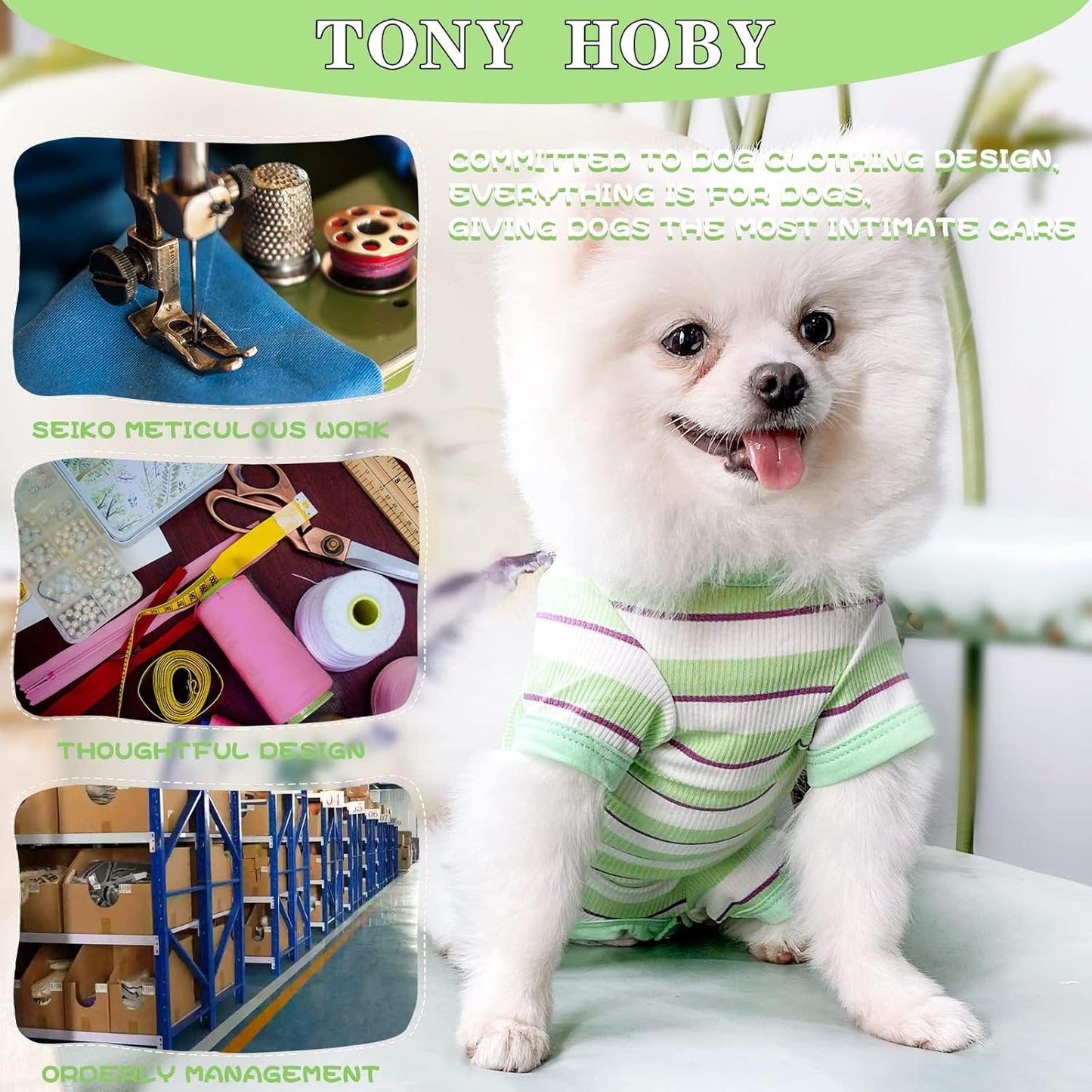 TONY HOBY Dog Pajamas, Male Dog Jumpsuit with Green Stripe, Dogs Clothes for Small Medium Size Dogs (Green&White, Boy, M)