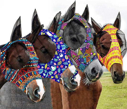 Frienda 4 Pieces Horse Fly Masks with Ears Face Covering UV Protection from Insect Pests Elasticity Smooth Comfortable Mesh Horse Mask Accessories(Geometric,Large)