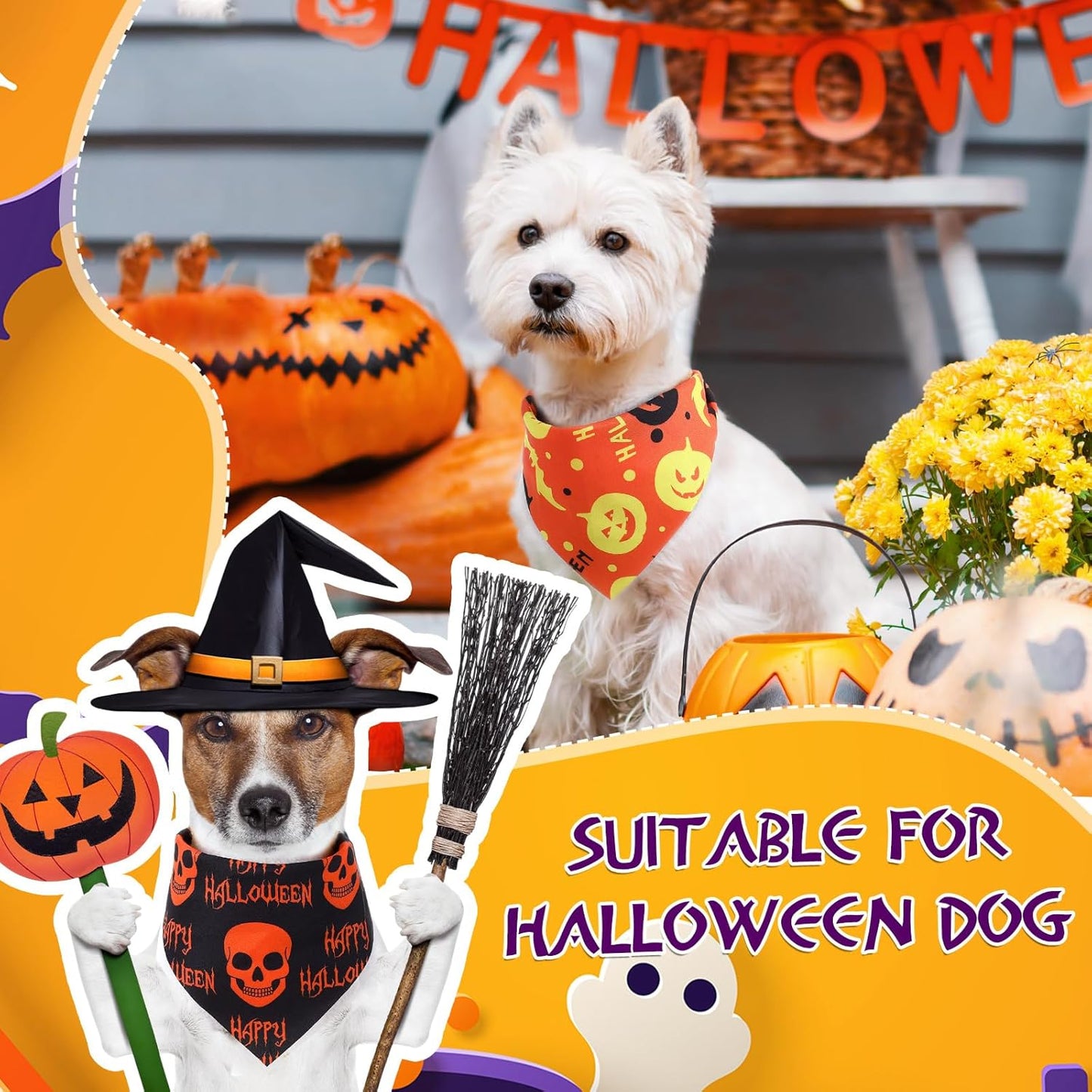 Abbylike 50 Pcs Halloween Dog Bandanas Bulk Pumpkin Bandanas for Dogs Triangle Kerchief Bibs Scarf Set for Pet Halloween Costume Photo Props Accessories Pet Shops, 25 Styles (19.7 x 13.8 x 13.8")