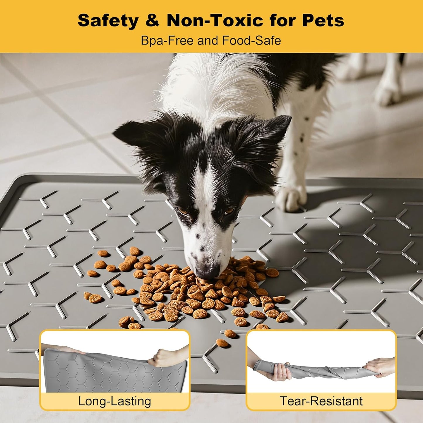 Pieviev Dog Cat Food Bowl Mat, Silicone Waterproof Food Grade Pet Food Mat for Floor, High Raised Edge to Prevent Spills, Non-Slip & Easy Clean Pet Placemat for Dog & Cat Bowls, 34''x22'', Light Gray