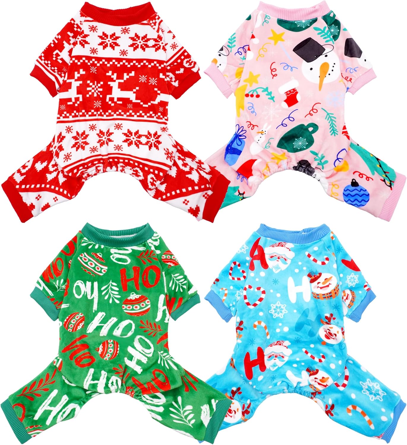 PET SHOW 4 Pack Small Dog Christmas Pajamas Holiday Dog Clothes Doggies Soft Stretchy PJs Xmas Jumpsuit Puppy Cats Girl Boy Onesies Red Green Outfits with Sleeve Pets Dachshund Costume XS
