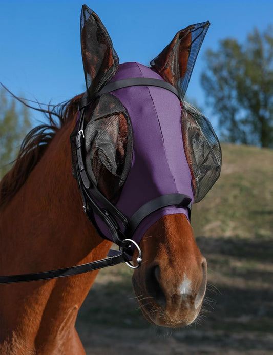 Horse Fly Mask with Ears, UV Protection for Horses, Elasticity with Big Mesh Eye Covers, Snug Fitting Comfortable Breathable Lightweight for Horses Deep Purple Cob