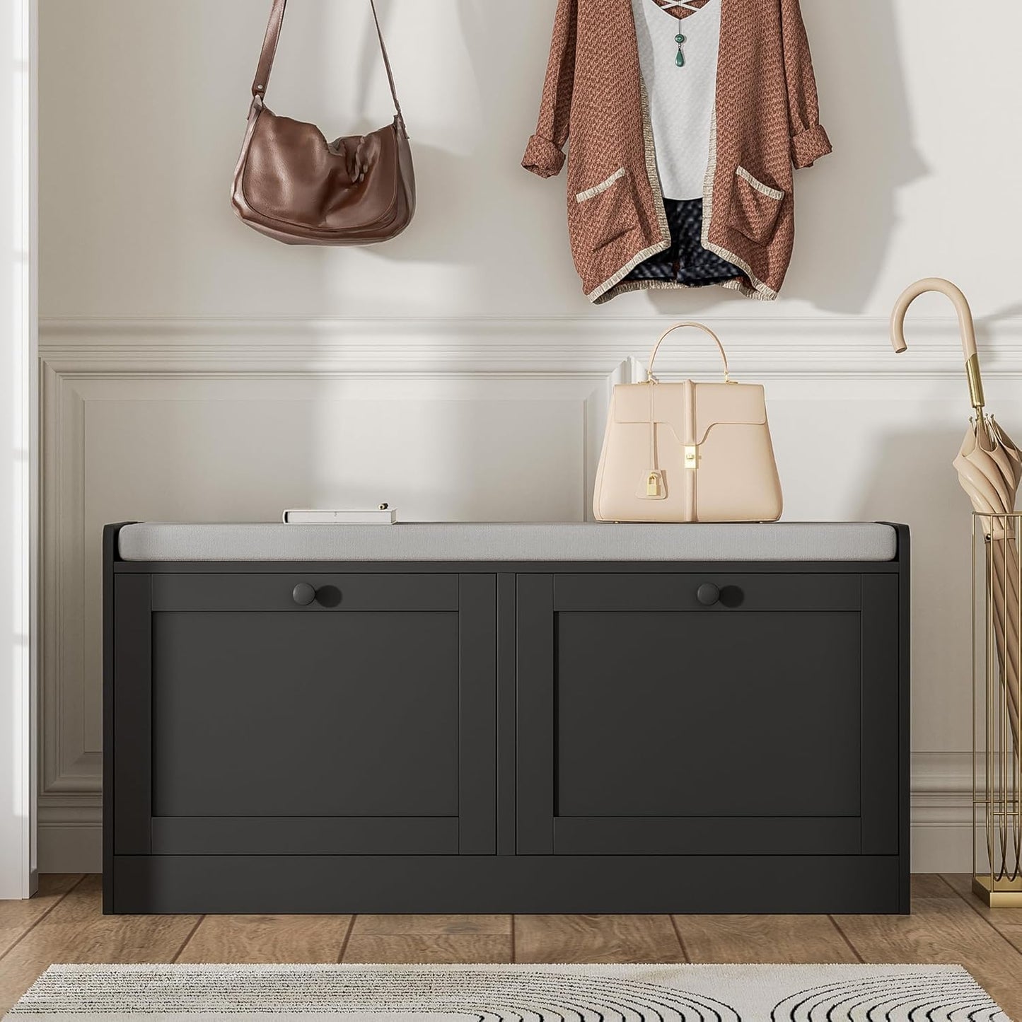 MHOM Black Modern Entryway Bench with 2 Flip Drawers, Shoe Bench with Padded Seat Cushion, Wooden Storage Bench for Bedroom and Apartment