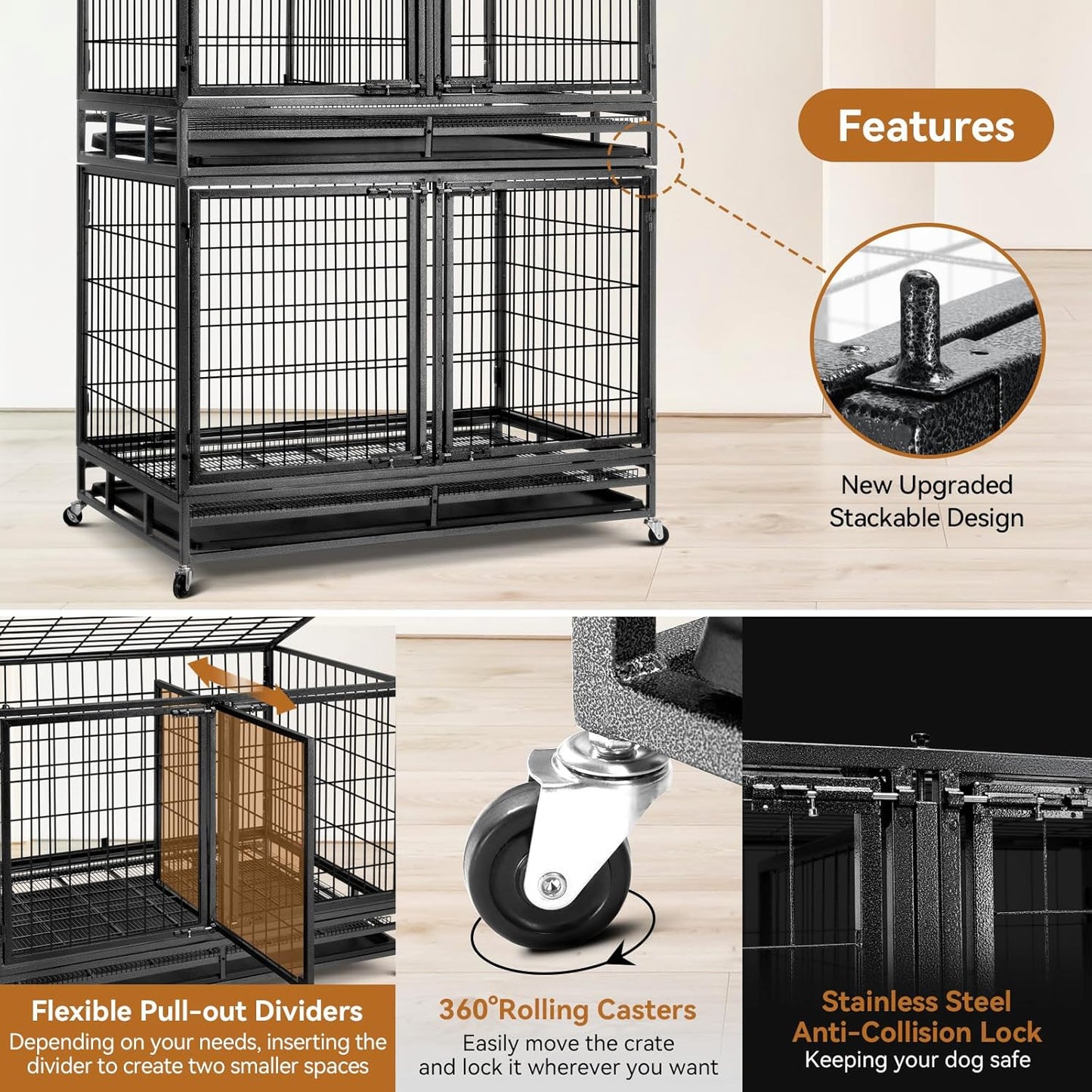 Oranland 48 inch Wire Dog Crate with Divider,2025 New Upgraded Stackable Dog Crate for Nursing Mother Dogs & Puppies,Large Dog Kennel with Reinforced Frame,Sturdy Locks Design/Removable Tray