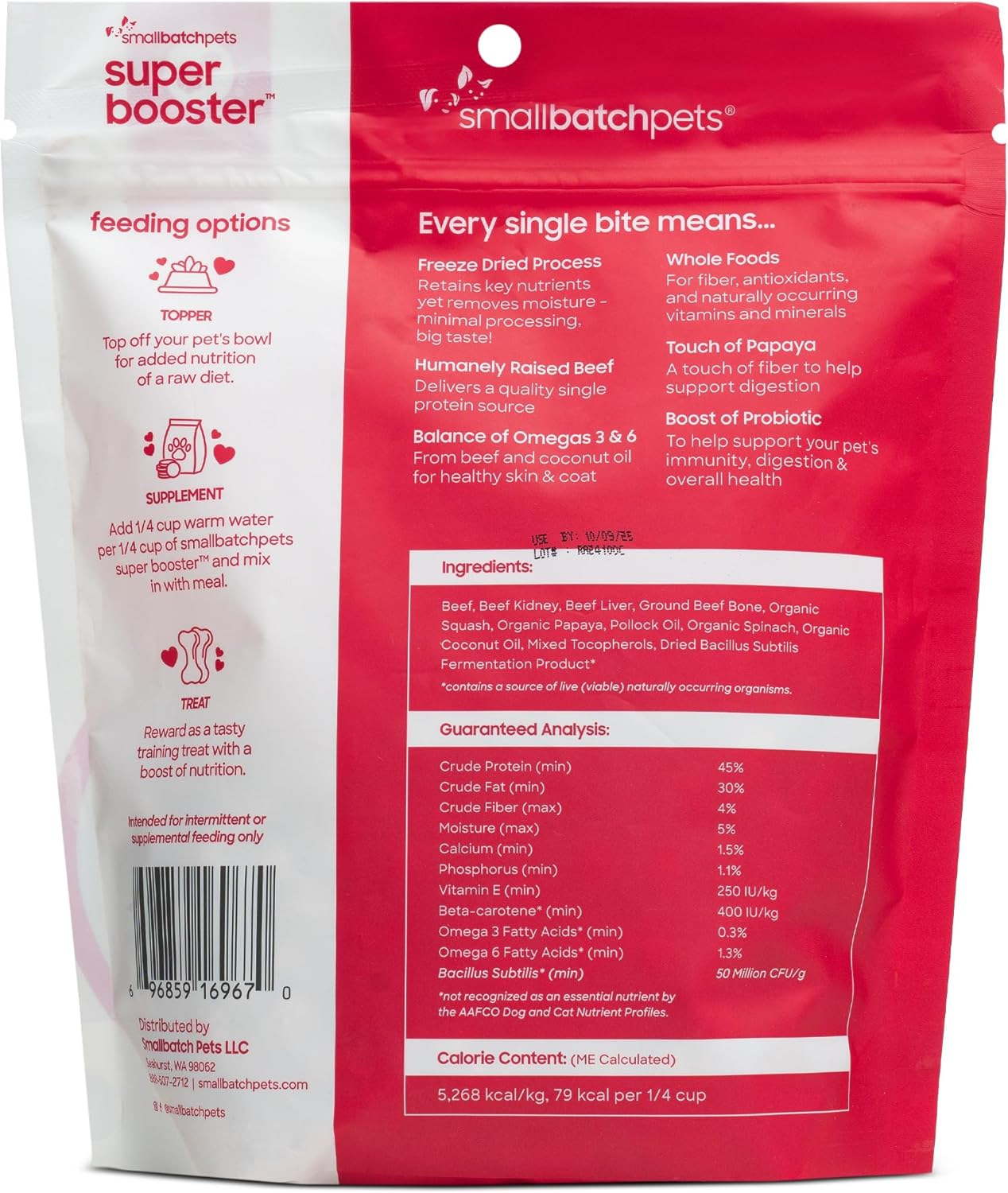 smallbatch Freeze Dried Dog Treats, Superfood Food Topper Beef Bites for Dogs & Cats, Probiotics, Organic Ingredients, High Protein, Grain Free Healthy Treat Food Topper, Made in The USA, 7 oz Bag