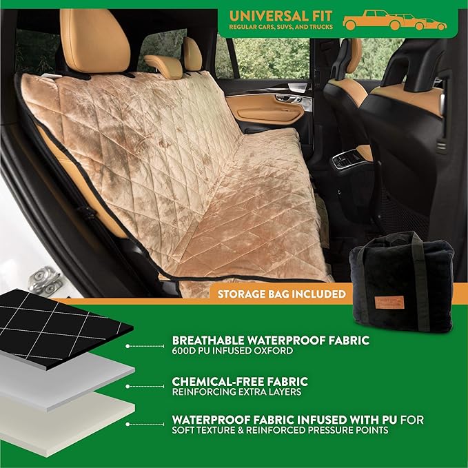 Plush Paws Products Velvet Rear Car Seat Protector w/Hammock | Washable & Waterproof Back Seat Dog Cover for Car, Truck, & SUV | Nonslip, Tear Resistant Pet Seat Cover | X-Large Desert Sand