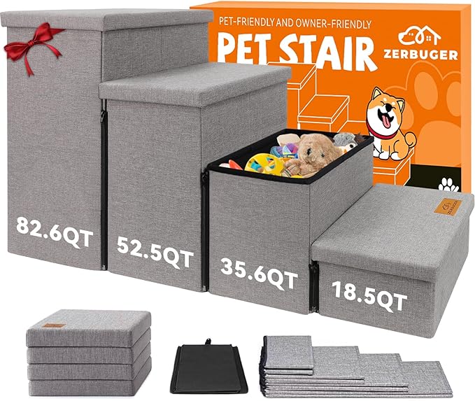 Dog Stairs with Storage 23" H, 4-Step Wider Dog Steps for High Beds Window, Folding Sturdy Pet Stairs Gift for Injured Old Dogs Cats, Ramp for Climbing Car Up to 200 lbs,(Gray, No Condo)